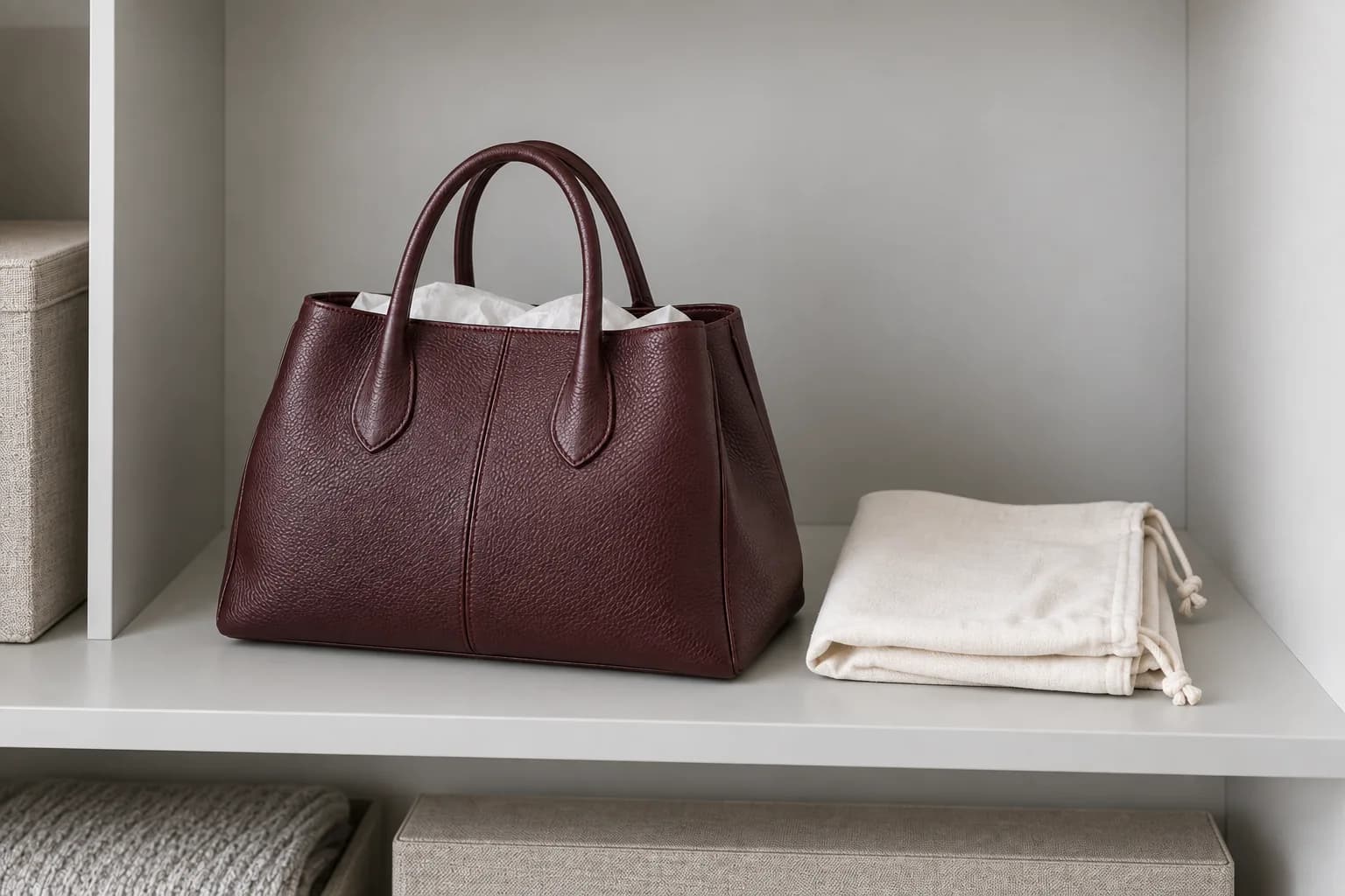 Burgundy leather handbag supported with white tissue beside a folded cotton dust bag on a shelf