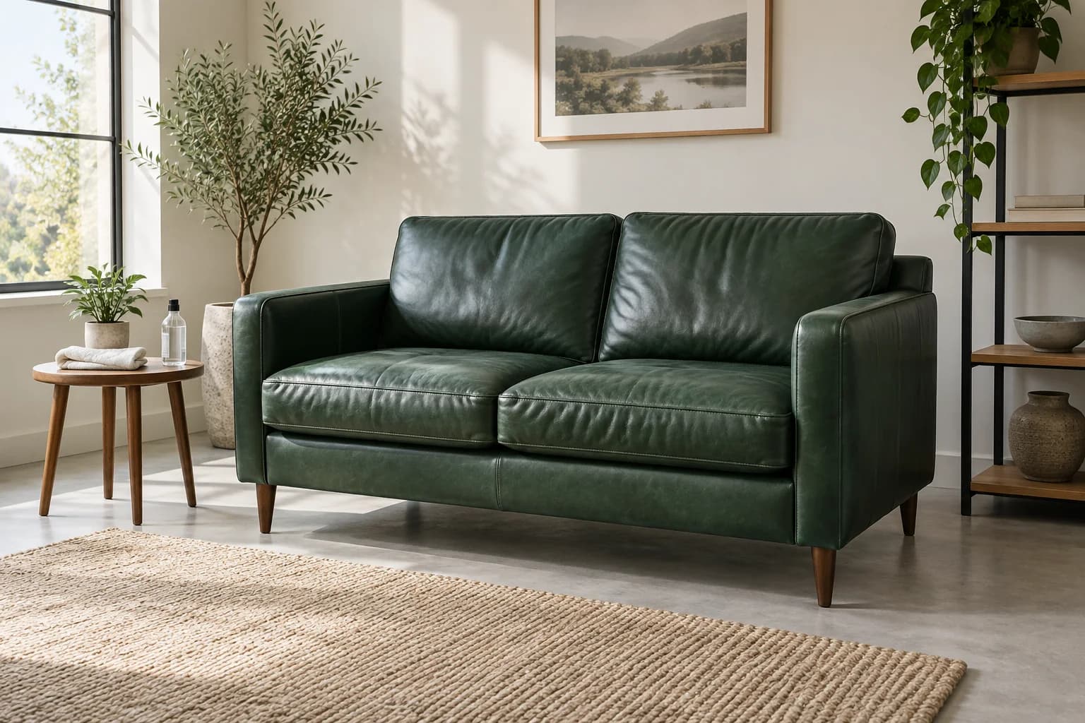 Green leather sofa with a cloth and care supplies nearby