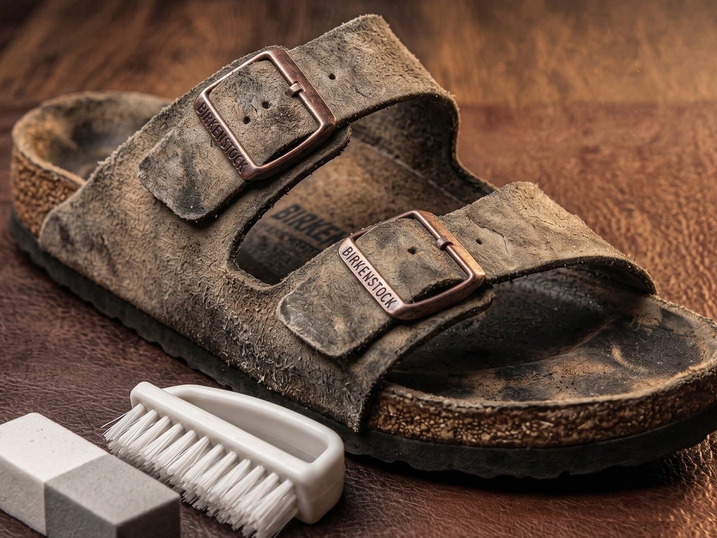 Suede sandal cleaning: comparing the surface before repair