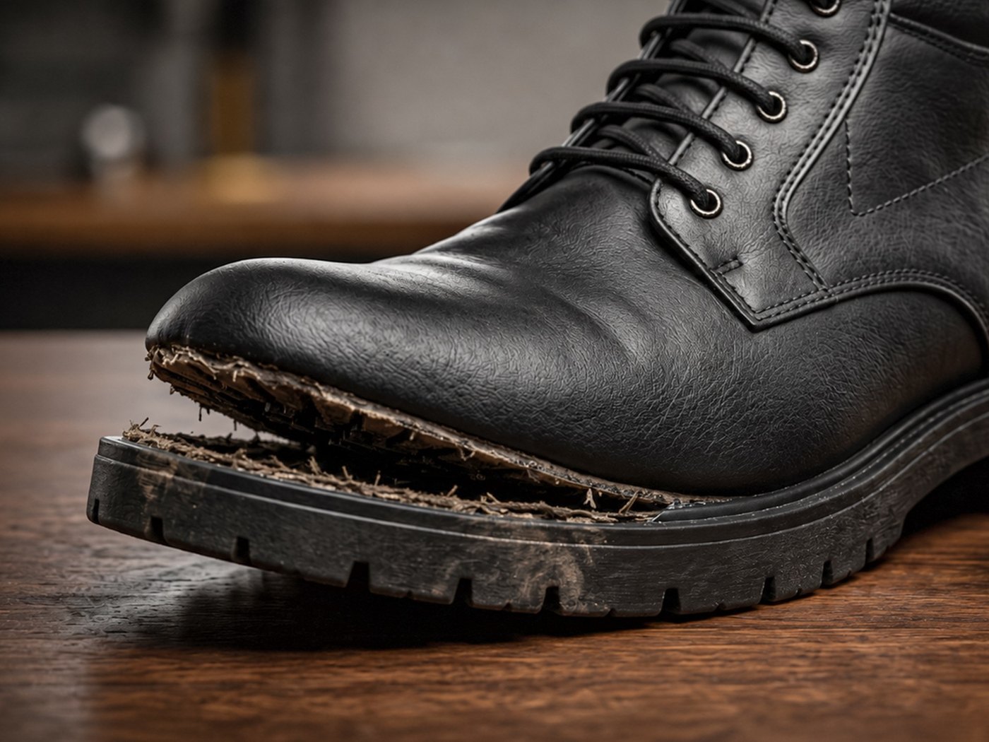 Boot sole repair: an open seam, closed again — before